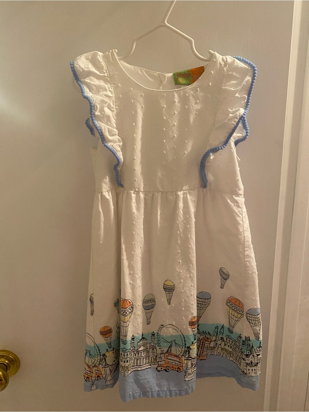 Penelope Mack White Dress with Light Blue Trim and Multi-Color Border Print